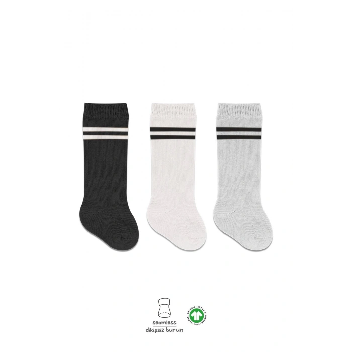 Bistyle Derby Dizaltı Çorap 3Lü BS40101 Siyah Ekru Gri Çemberli