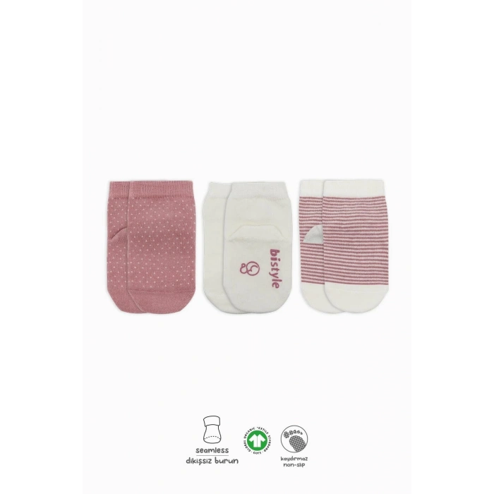 Bistyle Puanlı Kaymaz Penye Soket Çorap 3Lü BS10108 Pudra
