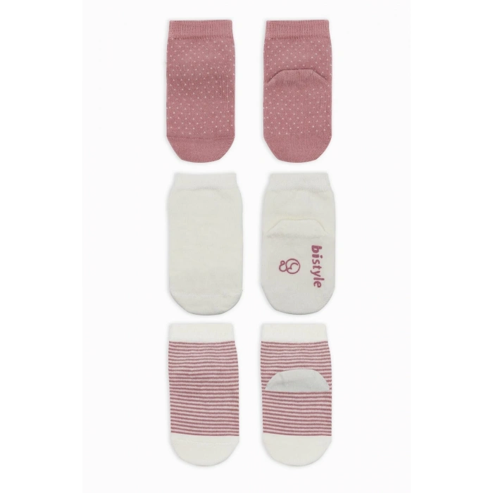Bistyle Puanlı Kaymaz Penye Soket Çorap 3Lü BS10108 Pudra
