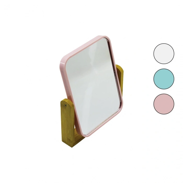 DİKDÖRTGEN=20.5X15.5CM AHŞAP BAMBU AYAKLI MAKYAJ AYNASI ÇİFT TARAFLI RENKLİ PLASTİK ÇERÇEVE (5250)