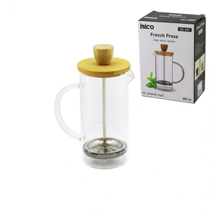 FRENCH PRESS BAMBU KAPAK 350ML CAM BİTKİ SÜZGEÇİ (5250)