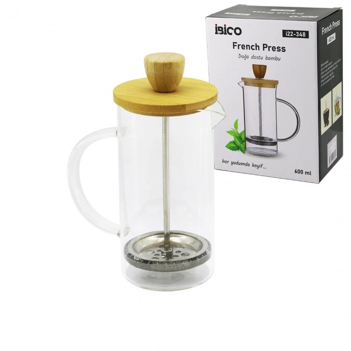 FRENCH PRESS BAMBU KAPAK 600ML CAM BİTKİ SÜZGEÇİ (5250)