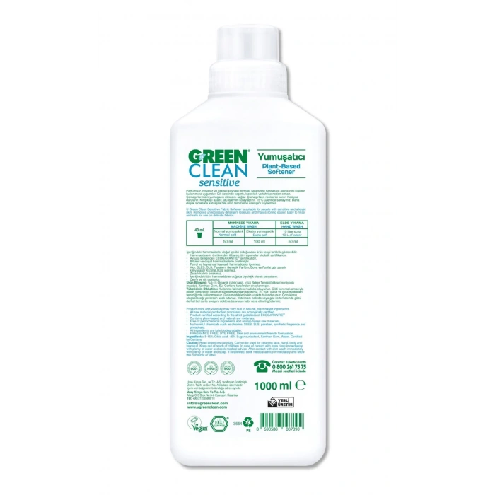 Green Clean Sensitive Parfümsüz Bitkisel Yumuşatıcı 1000ml