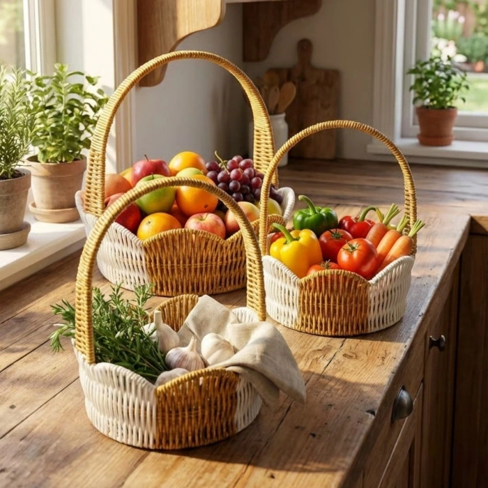 İç İçe Geçebilen 3’lü Çift Renkli Yuvarlak Dalgalı Formlu Saplı Plastik Rattan Sepet Seti – Hasır Görünümlü Çok Amaçlı Organizerler (5250)