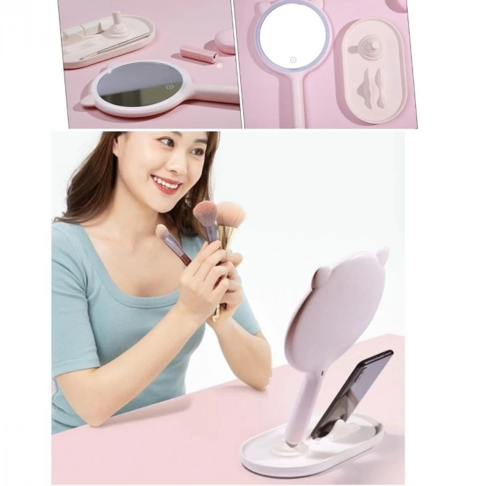 Kedi Kulaklı Telefon Standlı Yuvarlak Dokunmatik Led Ayarlı Masa Üstü Makyaj Aynası (5250)