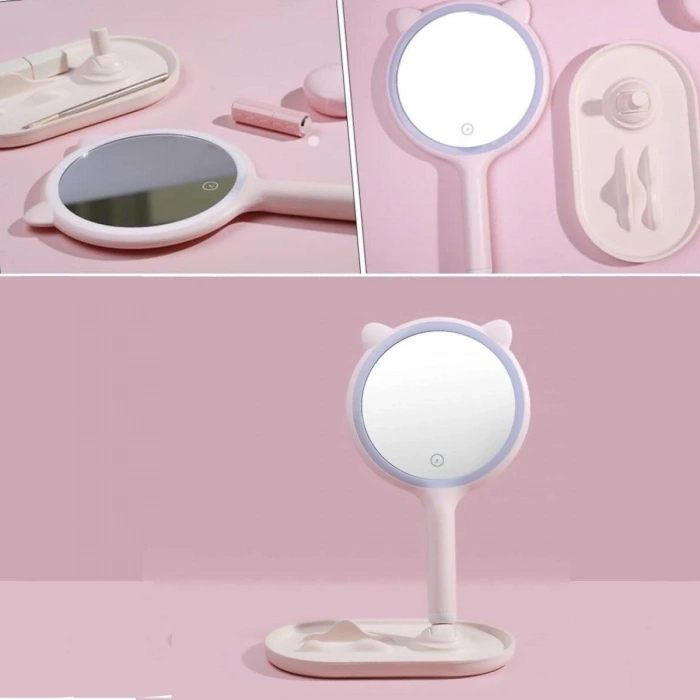 Kedi Kulaklı Telefon Standlı Yuvarlak Dokunmatik Led Ayarlı Masa Üstü Makyaj Aynası (5250)