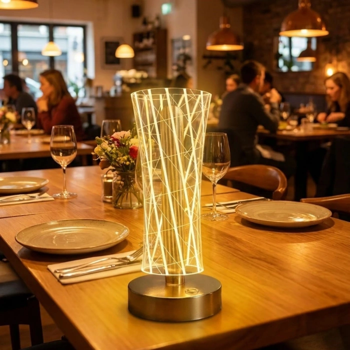 Silindirik Kristal Çizgi Model LED Masa Lambası – Gold Tabanlı, Dokunmatik, 3 Renk Işık Modlu, Şarjlı Modern Dekoratif Gece Lambası (5250)
