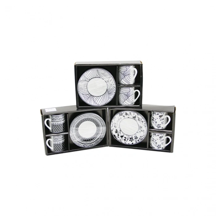 SİYAH - BEYAZ 4PCS=2-TAKIM  PORSELEN KAHVE FİNCANI  ÇİÇEK - ÇİZGİ - NOKTA MİX DESEN (5250)