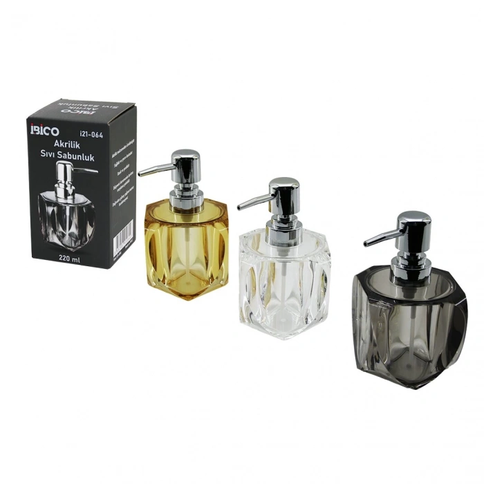 TOMBUL KARE - 4-KALPLİ GÖVDE  ŞEFFAF - RENKLİ   AKRİLİK - MİKA KRİSTAL  SIVI SABUNLUK  220ML (5250)