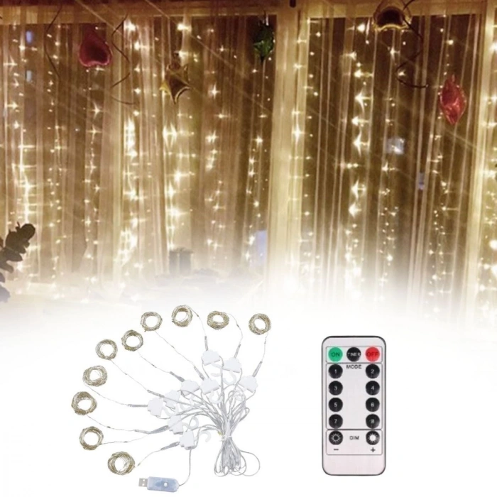 Uzaktan Kumandalı LED Perdeye Takılabilen Kancalı Işık Usb 3x3 Metre Peri Perde LED (5250)