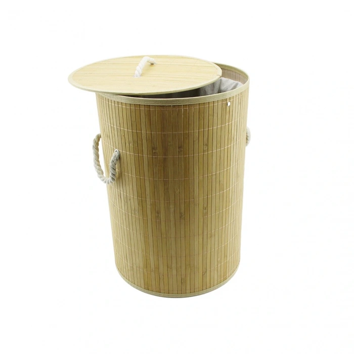 YUVARLAK BAMBU AHŞAP KİRLİ ÇAMAŞIR SEPETİ 35X60CM SEYYAR KAPAKLI İÇİ BEZLİ İP KULPLU (5250)