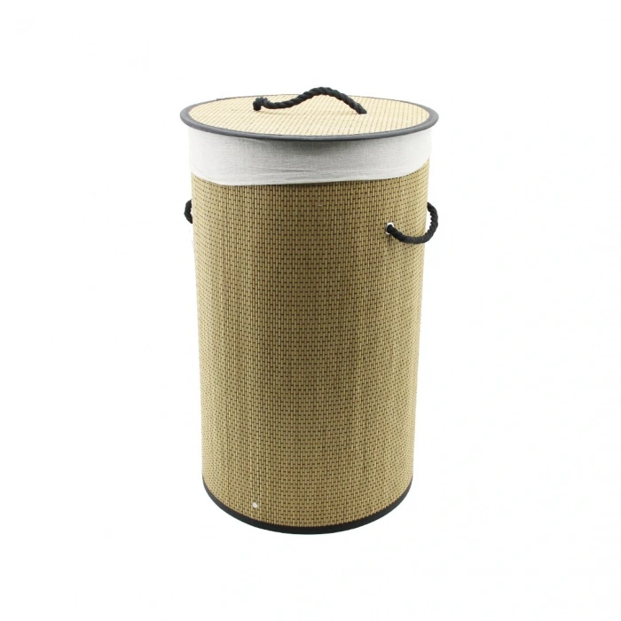 YUVARLAK HASIR - AHŞAP KİRLİ ÇAMAŞIR SEPETİ 37X60CM SEYYAR KAPAKLI İÇİ BEZLİ İP KULPLU (5250)