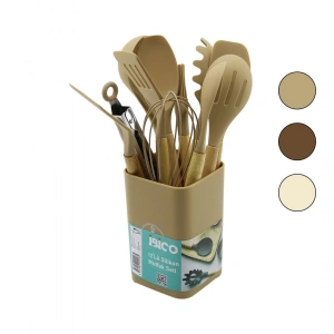 11PCS+KOVA SİLİKON MUTFAK SETİ BAMBU SAP 3-KAŞIK- 3-SPATULA- 1-KEVGİR- 1-KEPÇE- 1-MAŞA- 1-ÇRPC- 1-FRÇ (5250)