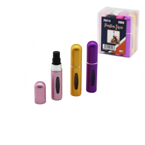 12 ADET MİNİ=CEP - ÇANTA BOY BOŞ SPREY PARFÜM ŞİŞESİ 5ML RENKLİ PLS. SEVİYE PENCERELİ (5250)