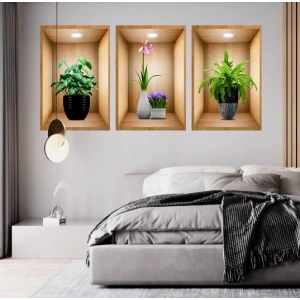 3D Çiçek Vazo Duvar Sticker 3 lü Set Kahverengi Fon (5250)