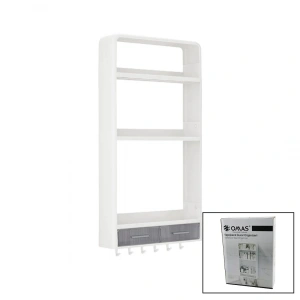 BEYAZ YAPIŞKANLI DUVAR ORGANİZERİ PLASTİK 3 RAF=14CM-19CM-30CM - 2 ÇEKMECE=40CM - 6 ASKI 19 PARÇA (5250)