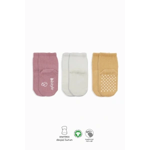 Bistyle Basic Kaymaz Penye Soket Çorap 3Lü BS10107 Pudra Ekru Somon