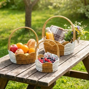 İç İçe Geçebilen 3’lü Çift Renkli Yuvarlak Dalgalı Formlu Saplı Plastik Rattan Sepet Seti – Hasır Görünümlü Çok Amaçlı Organizerler (5250)