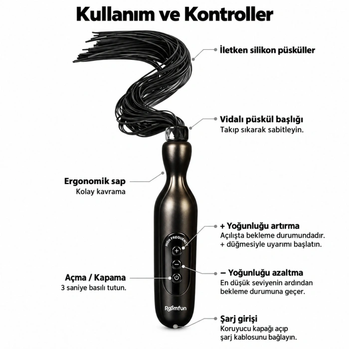 5 Kademeli Şarjlı E-Stim Püsküllü BDSM Kırbaç