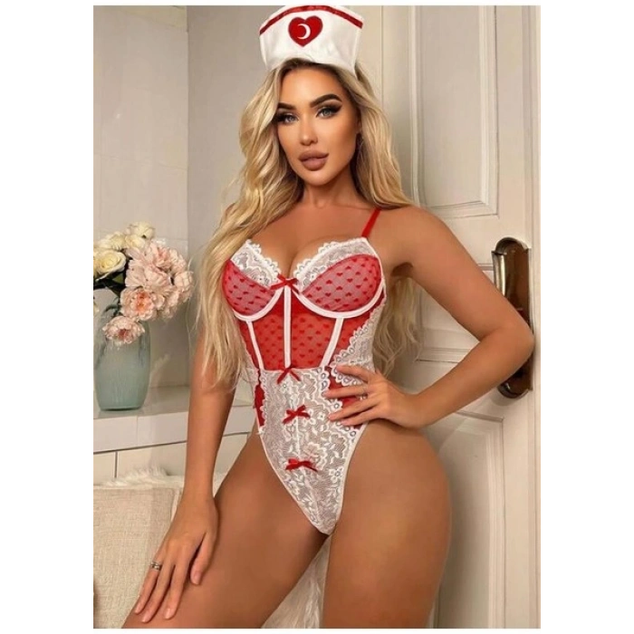Hemşire Kostümü Dantel Body Set – Fantazi Giyim S/M/L/XL