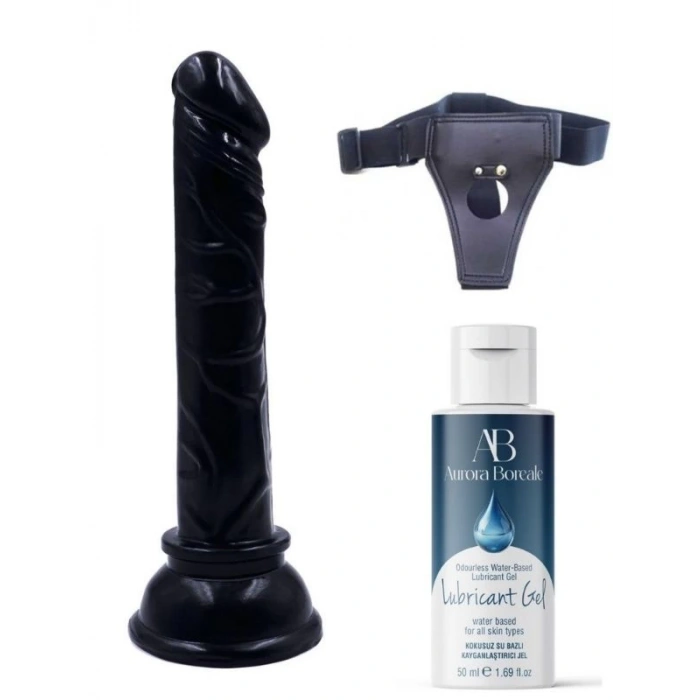 Eskişehir Erotik Shop Belden Bağlamalı Kayganlaştırıcı Set Siyah Renk Gerçekçi 15CM Anal Dildo