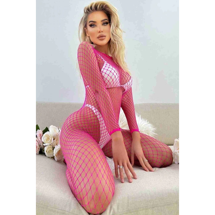 Geniş File Şık Özel Bölgesi AçıkSeksi Vücut Çorabı Pembe