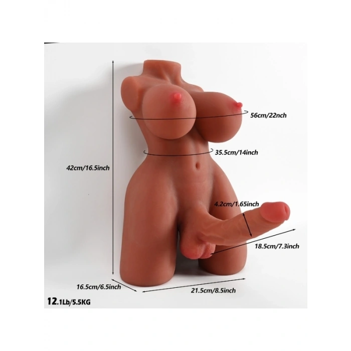 Gerçekçi 5.5 Kg Brown Yarım Vücut Trans Gövdeli Mastürbatör – Göğüs + Penis, Melez Ten TPE Model