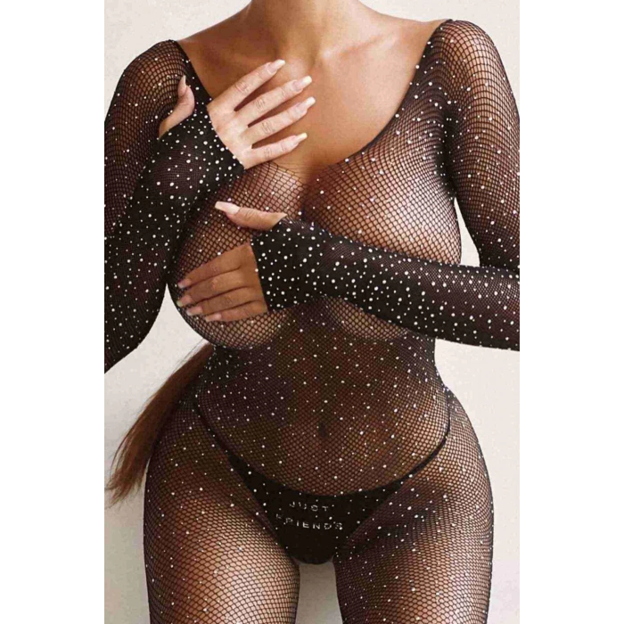 Özel Bölgesi Açık Fantazi Taşlı File Vücut Çorabı Siyah