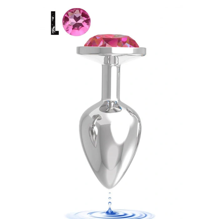 Paslanmaz Çelik Açık Pembe Yuvarlak Mücevher Taşlı Pürüzsüz Silver Metal Anal Butt Plug - Büyük Boy