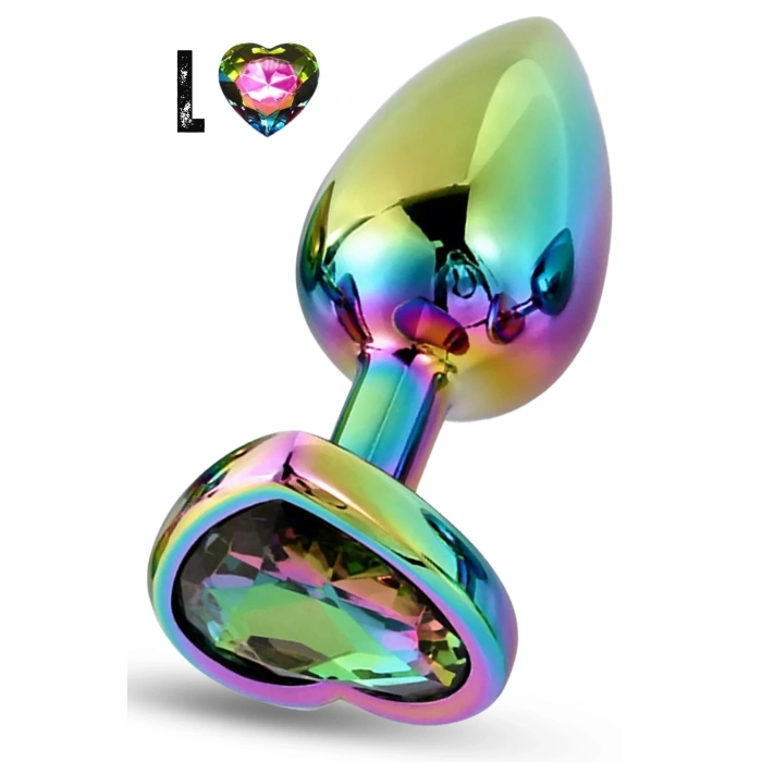 Paslanmaz Çelik Çok Renkli Kalpli Mücevher Taşlı Pürüzsüz Rainbow Metal Anal Butt Plug - Büyük Boy