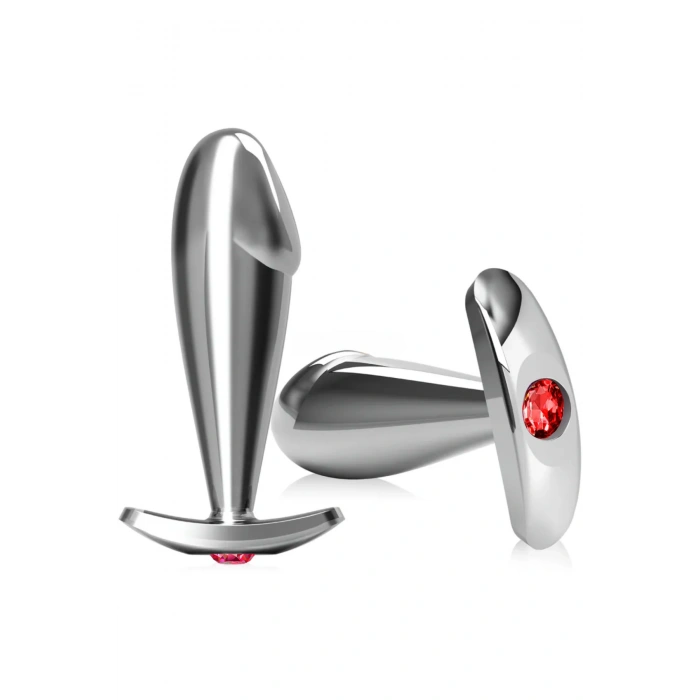 Paslanmaz Çelik Dildo Kırmızı Yuvarlak Mücevher Taşlı Pürüzsüz Silver Metal Anal Butt Plug
