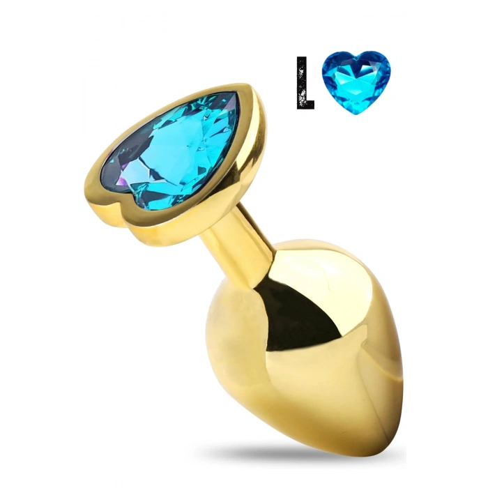 Paslanmaz Çelik Mavi Kalpli Mücevher Taşlı Pürüzsüz Gold Metal Anal Butt Plug - Büyük Boy