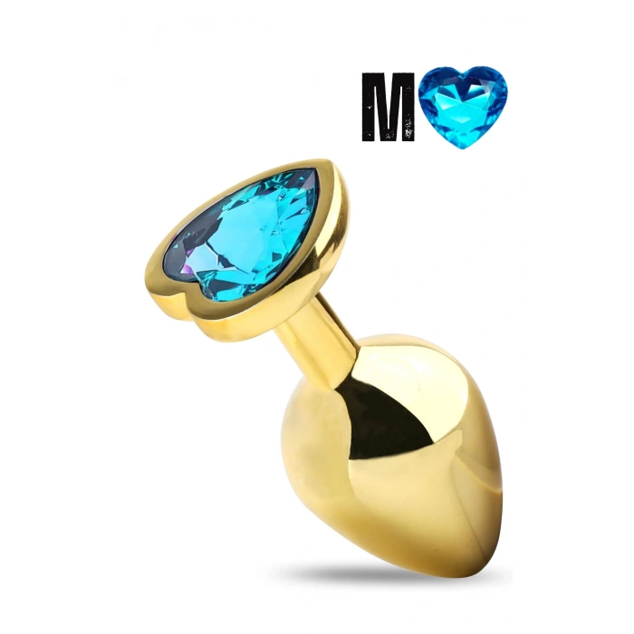 Paslanmaz Çelik Mavi Kalpli Mücevher Taşlı Pürüzsüz Gold Metal Anal Butt Plug - Orta Boy