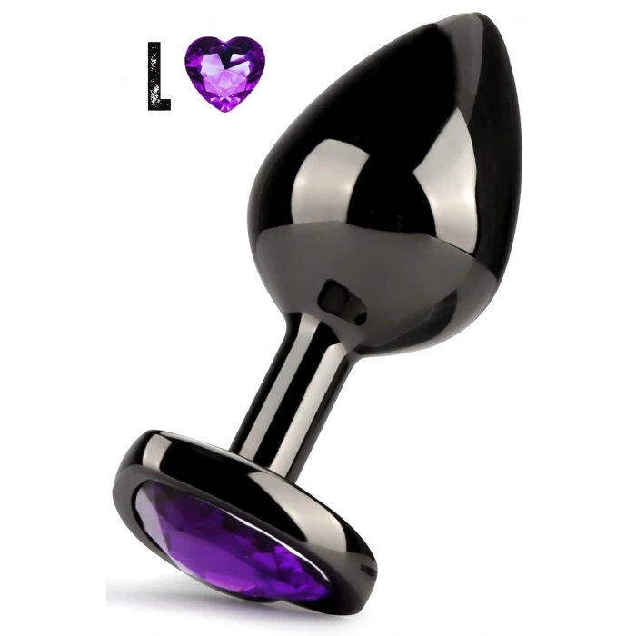 Paslanmaz Çelik Mor Kalpli Mücevher Taşlı Pürüzsüz Siyah Metal Anal Butt Plug