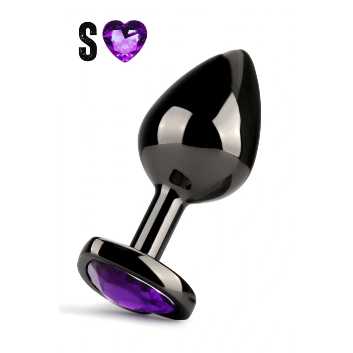 Paslanmaz Çelik Mor Kalpli Mücevher Taşlı Pürüzsüz Siyah Metal Anal Butt Plug - Küçük Boy