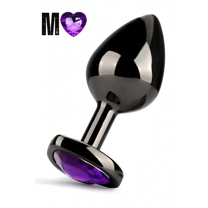 Paslanmaz Çelik Mor Kalpli Mücevher Taşlı Pürüzsüz Siyah Metal Anal Butt Plug - Orta Boy