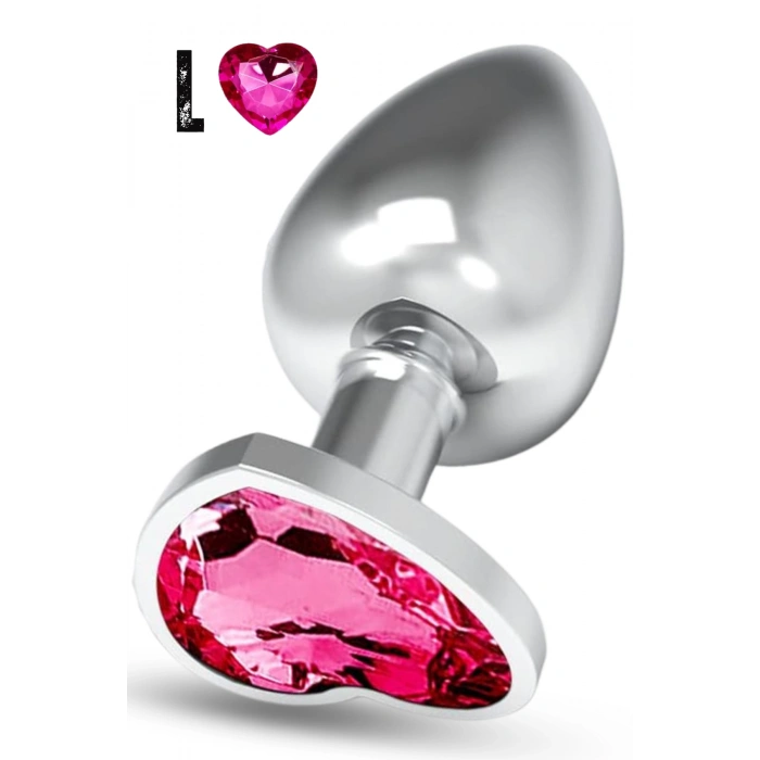 Paslanmaz Çelik Pembe Kalpli Mücevher Taşlı Pürüzsüz Silver Metal Anal Butt Plug - Büyük Boy