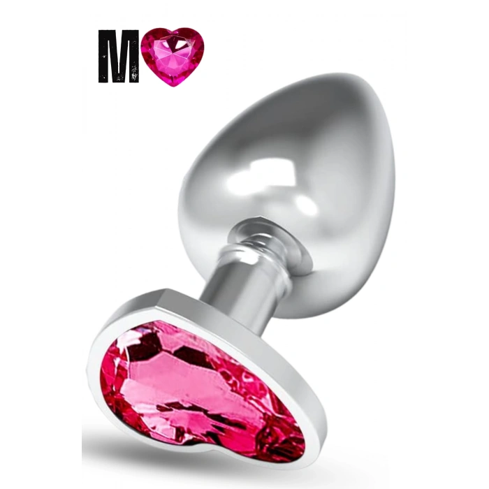 Paslanmaz Çelik Pembe Kalpli Mücevher Taşlı Pürüzsüz Silver Metal Anal Butt Plug - Orta Boy
