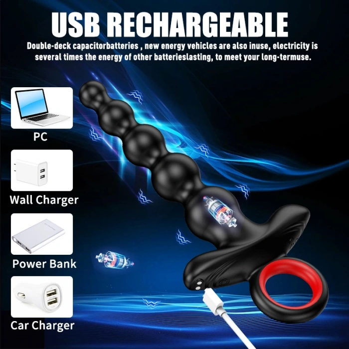 Şarjlı Tutma Aparatlı Anal Beads Eğilebilir Çift Motorlu Güçlü Titreşimli Boncuk Anal Vibratör