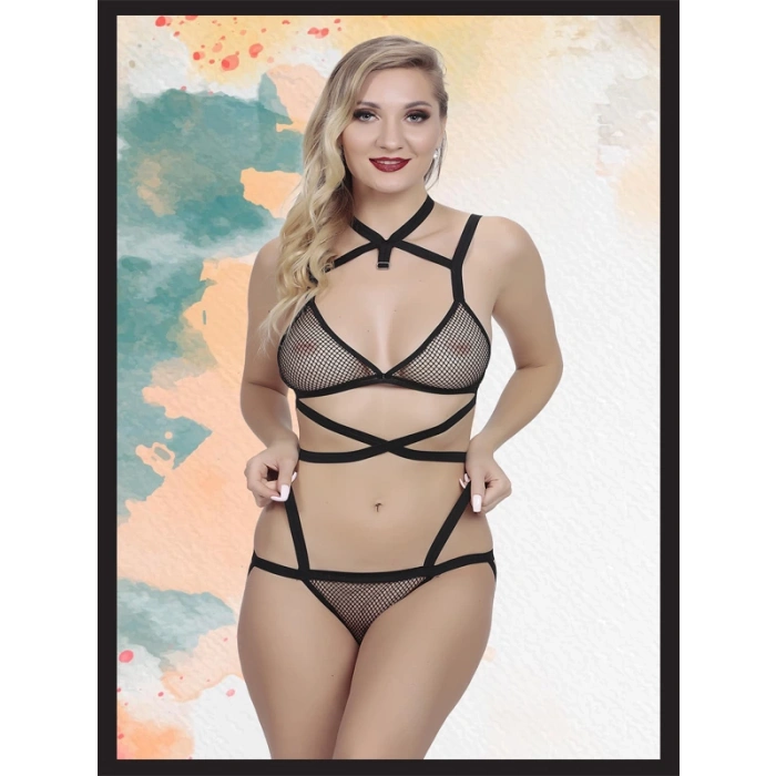 Siyah File Detaylı Fantezi İç Çamaşır Takımı