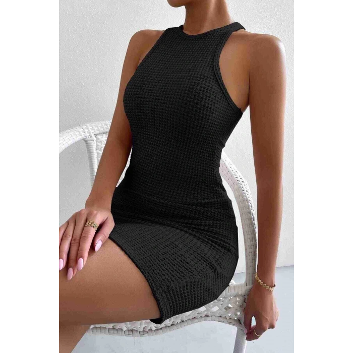 Vücuda Oturan Diz Üstü Mini Örme Elbise Siyah S Beden