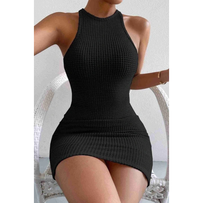 Vücuda Oturan Diz Üstü Mini Örme Elbise Siyah S Beden