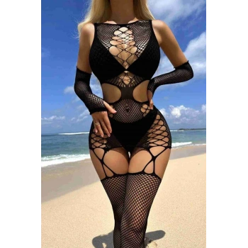 Özel Bölgesi Açık Eldivenli Fantezi Vücut Çorabı Siyah