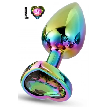 Paslanmaz Çelik Çok Renkli Kalpli Mücevher Taşlı Pürüzsüz Rainbow Metal Anal Butt Plug - Büyük Boy