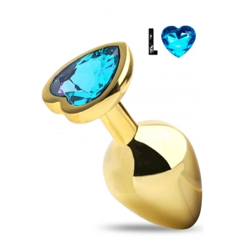 Paslanmaz Çelik Mavi Kalpli Mücevher Taşlı Pürüzsüz Gold Metal Anal Butt Plug - Büyük Boy