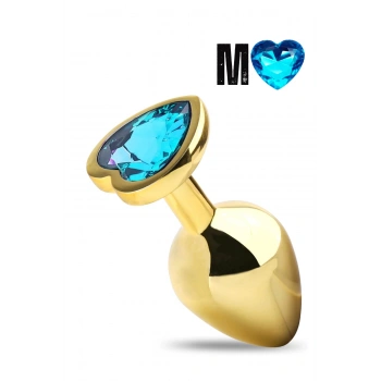 Paslanmaz Çelik Mavi Kalpli Mücevher Taşlı Pürüzsüz Gold Metal Anal Butt Plug - Orta Boy