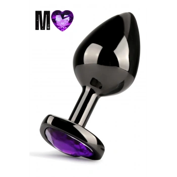 Paslanmaz Çelik Mor Kalpli Mücevher Taşlı Pürüzsüz Siyah Metal Anal Butt Plug - Orta Boy