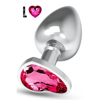 Paslanmaz Çelik Pembe Kalpli Mücevher Taşlı Pürüzsüz Silver Metal Anal Butt Plug - Büyük Boy