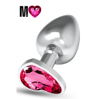 Paslanmaz Çelik Pembe Kalpli Mücevher Taşlı Pürüzsüz Silver Metal Anal Butt Plug - Orta Boy