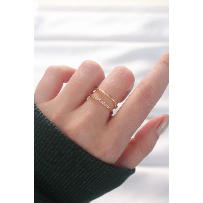 2li Görünümlü Su Yolu Tasarımlı Gold Renk Ayarlanabilir Yüzük - TJ-BYK3136